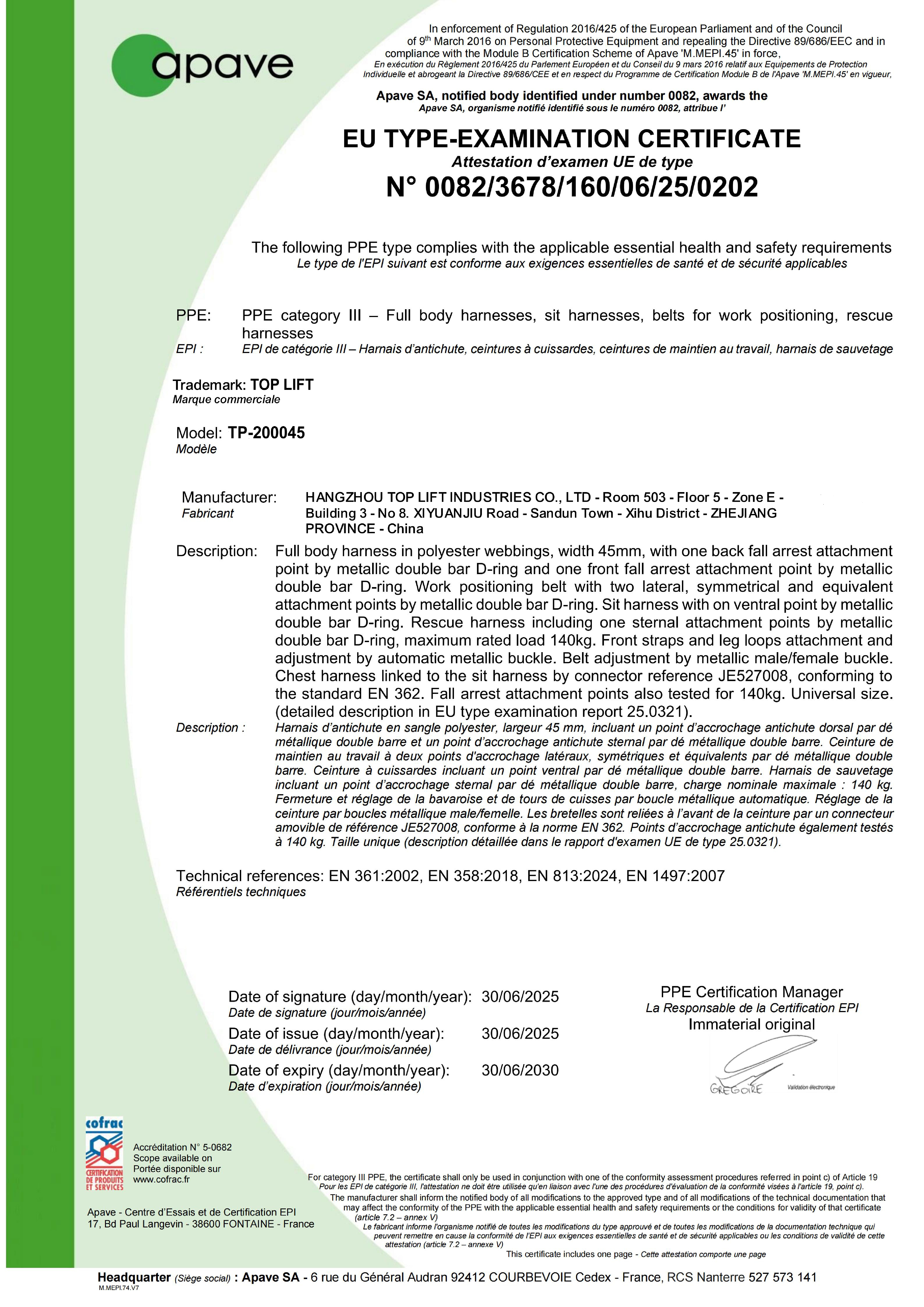 CE certificate Safety Harness -TP-200045