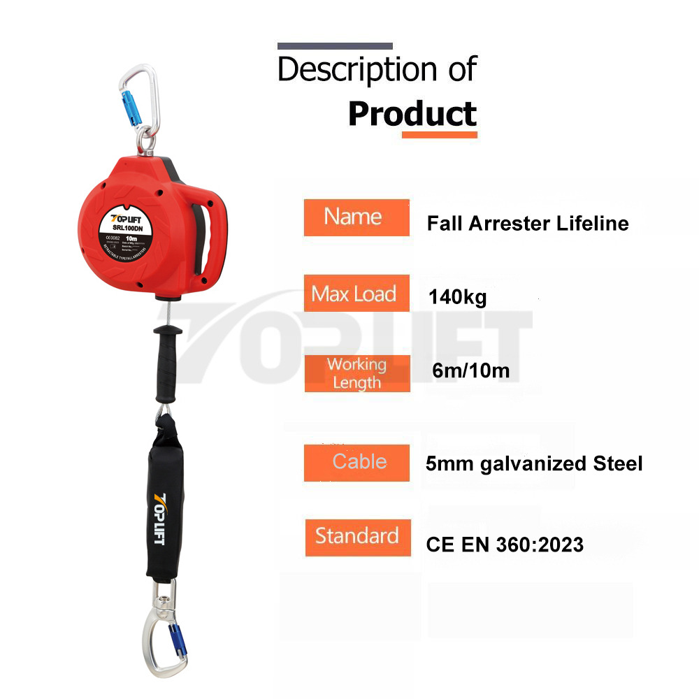 TP-SRL100DN En 360 5mm Galvanized Steel Wire Rope with Shock Absorber Fall Arrester Safety Device Self-Retractable Lifeline