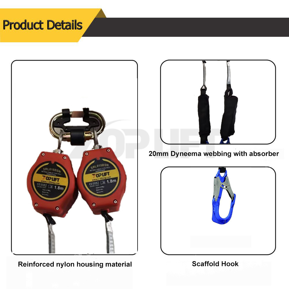TP-SRL018BSN Capicity 140kg En 360 Dual Leg Webbing Absorber with Scaffold Hook Self-Retracting Lifeline Safety Device Fall Arrester