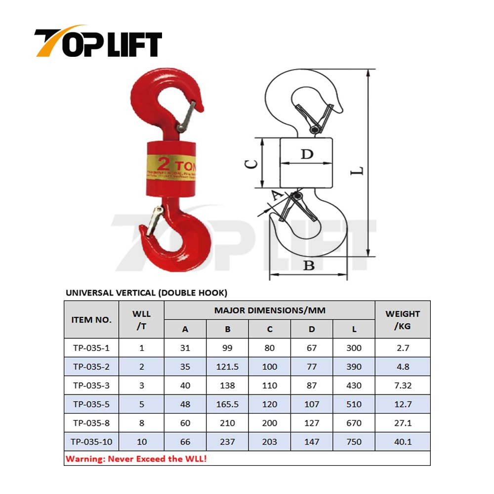 High-strength Universal Vertical Swivel Lifting Hook (Double Hook)