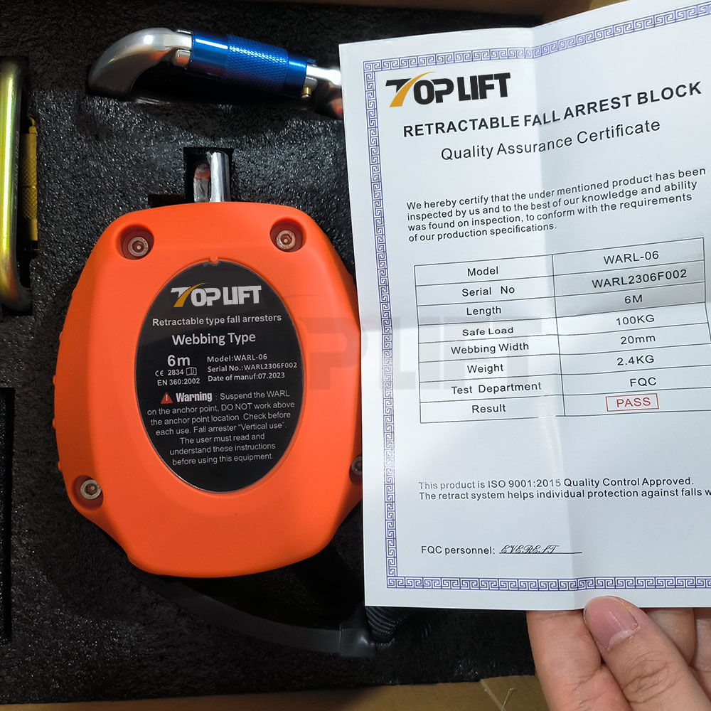 TOPLIFT 6M 100KG Capacity UHMWPE Webbing Carabiner Indicator Retractable Fall Arrester