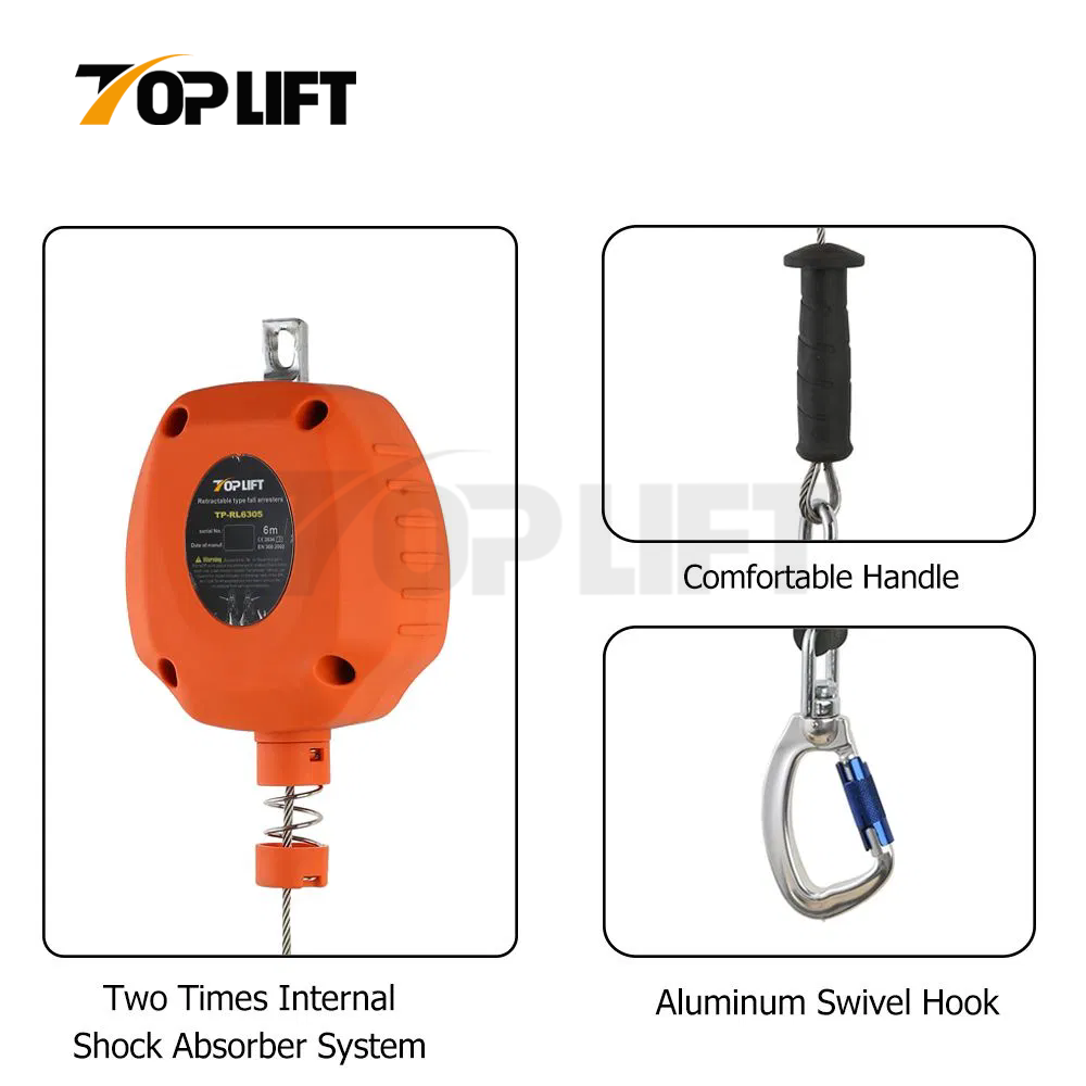 TOPLIFT 100KG Capacity Wire Rope Type 6M Self-Retractable Fall Arrester Lifeline 